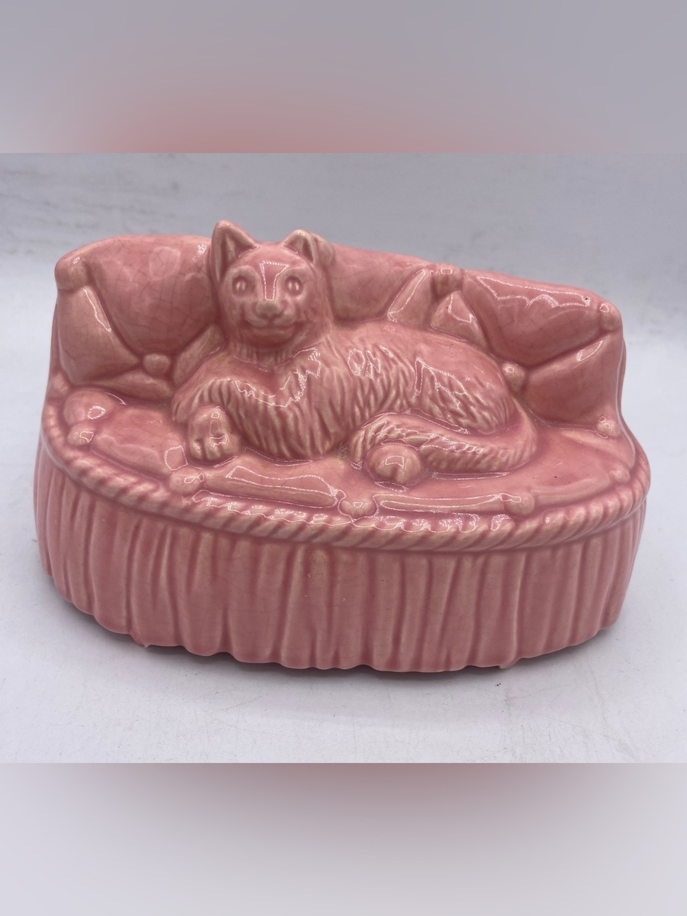 Vintage McCoy Pottery Pink Ceramic Cat Lounging On Couch Planter